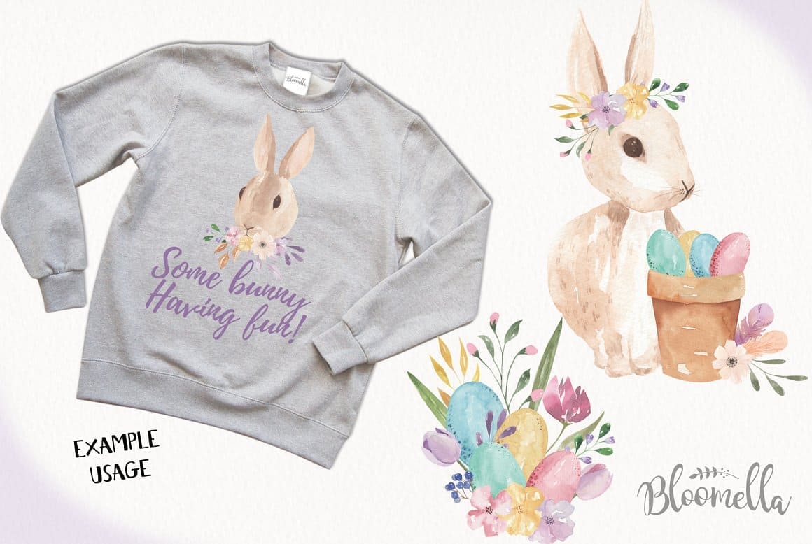 Merch sweatshirt with a print of an Easter composition on a gray background.