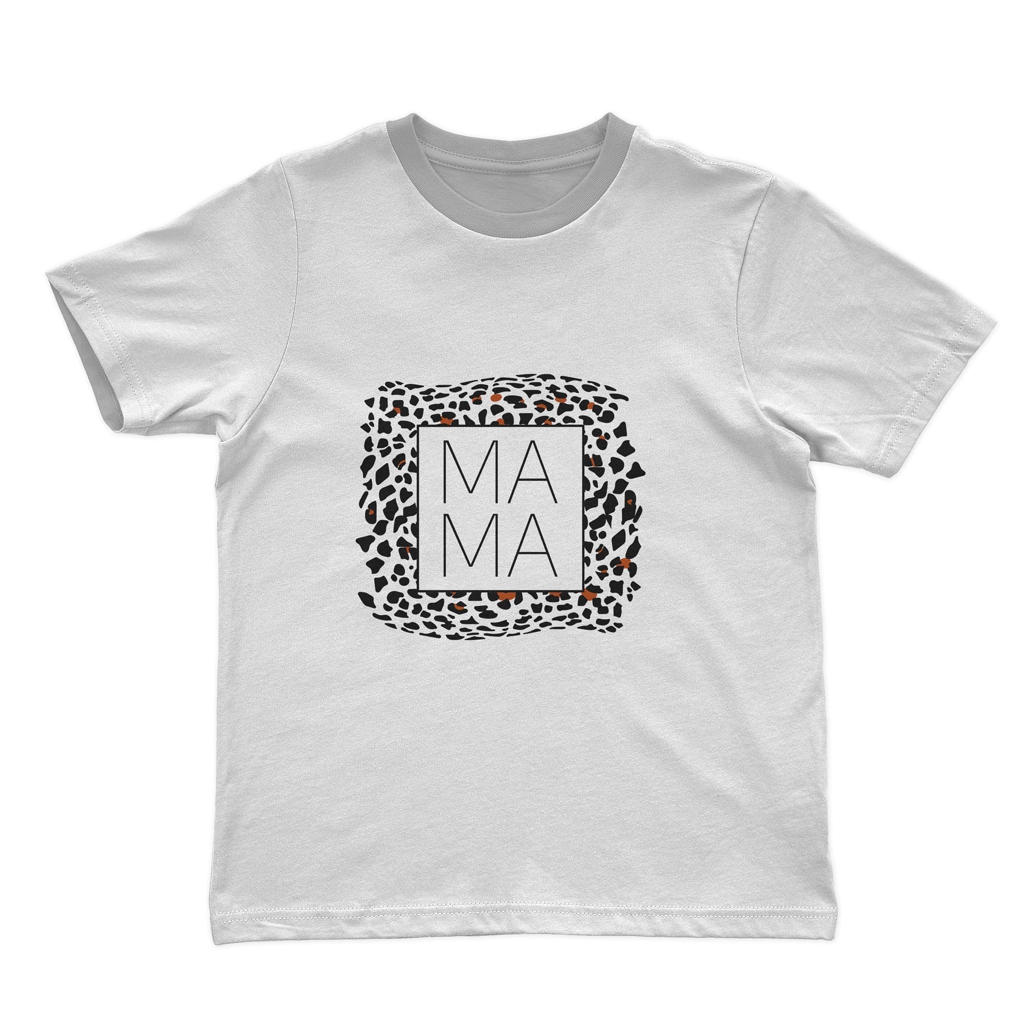 Square logo of a leopard mother on a white T-shirt.