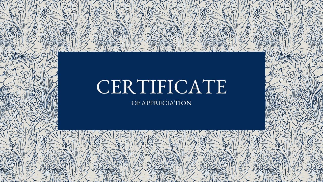Blue Certificate of Appreciation close-up with pale blue leaves.