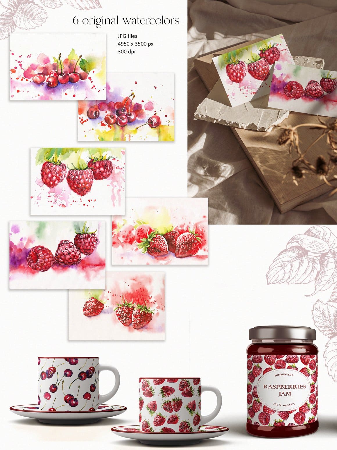 6 original watercolors of berries.