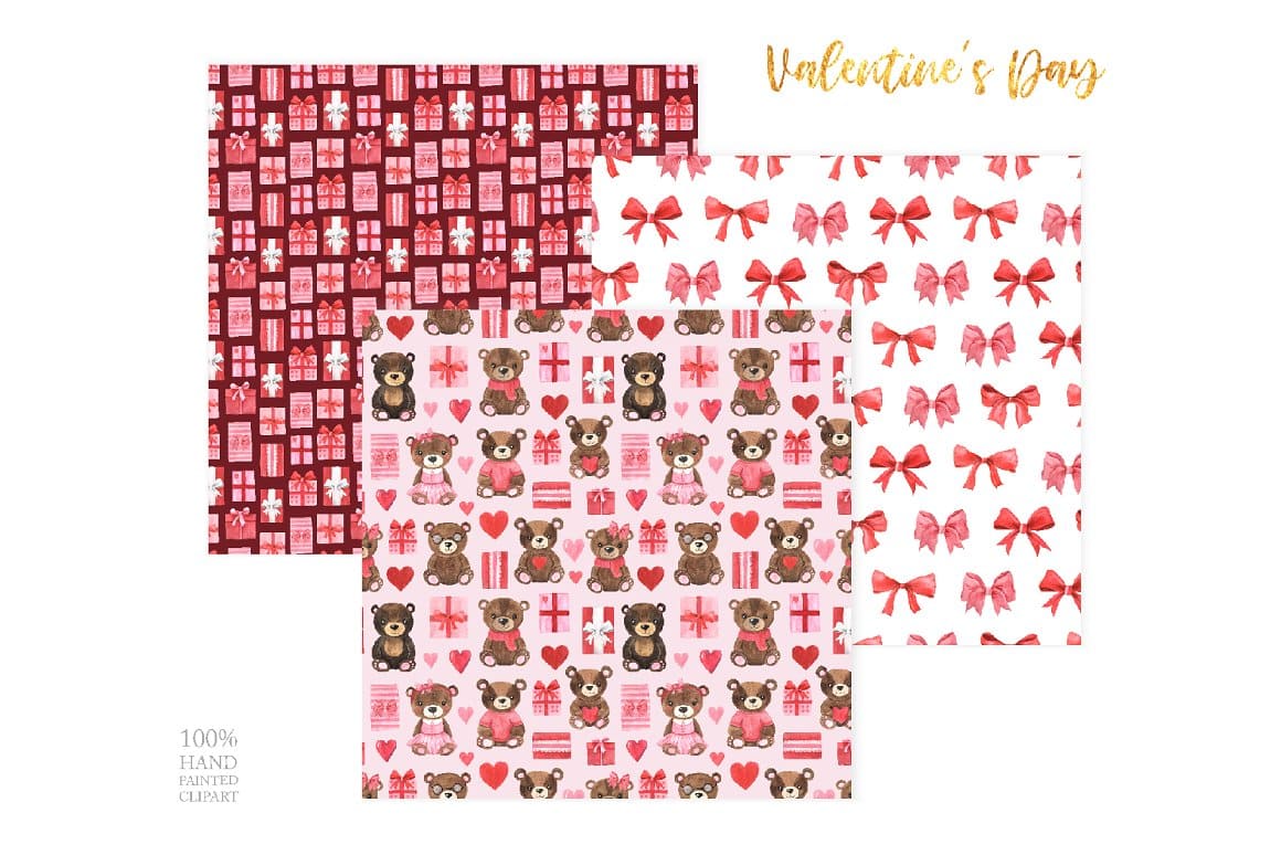 Three patterns with the image of gifts, toy bears, bows for Valentine's Day.