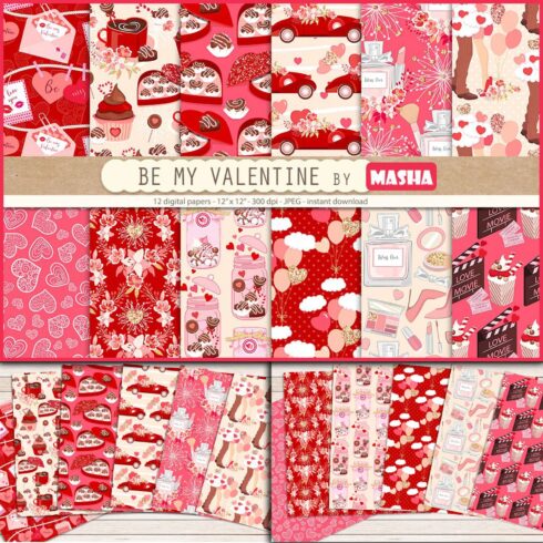 Red, pink patterns with the image of hearts, flowers, romantic letters.