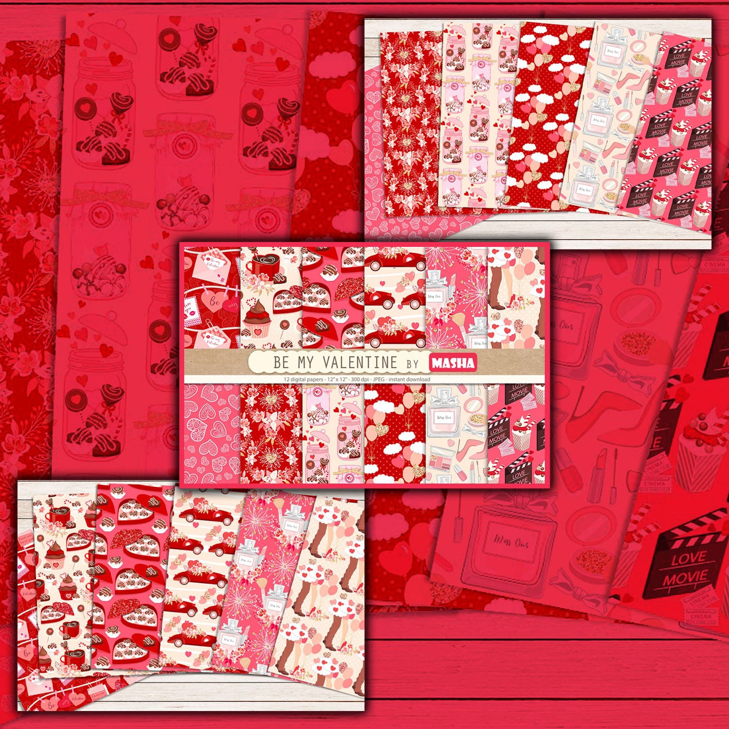Three pictures with the image of unfolded patterns for Valentine's Day.