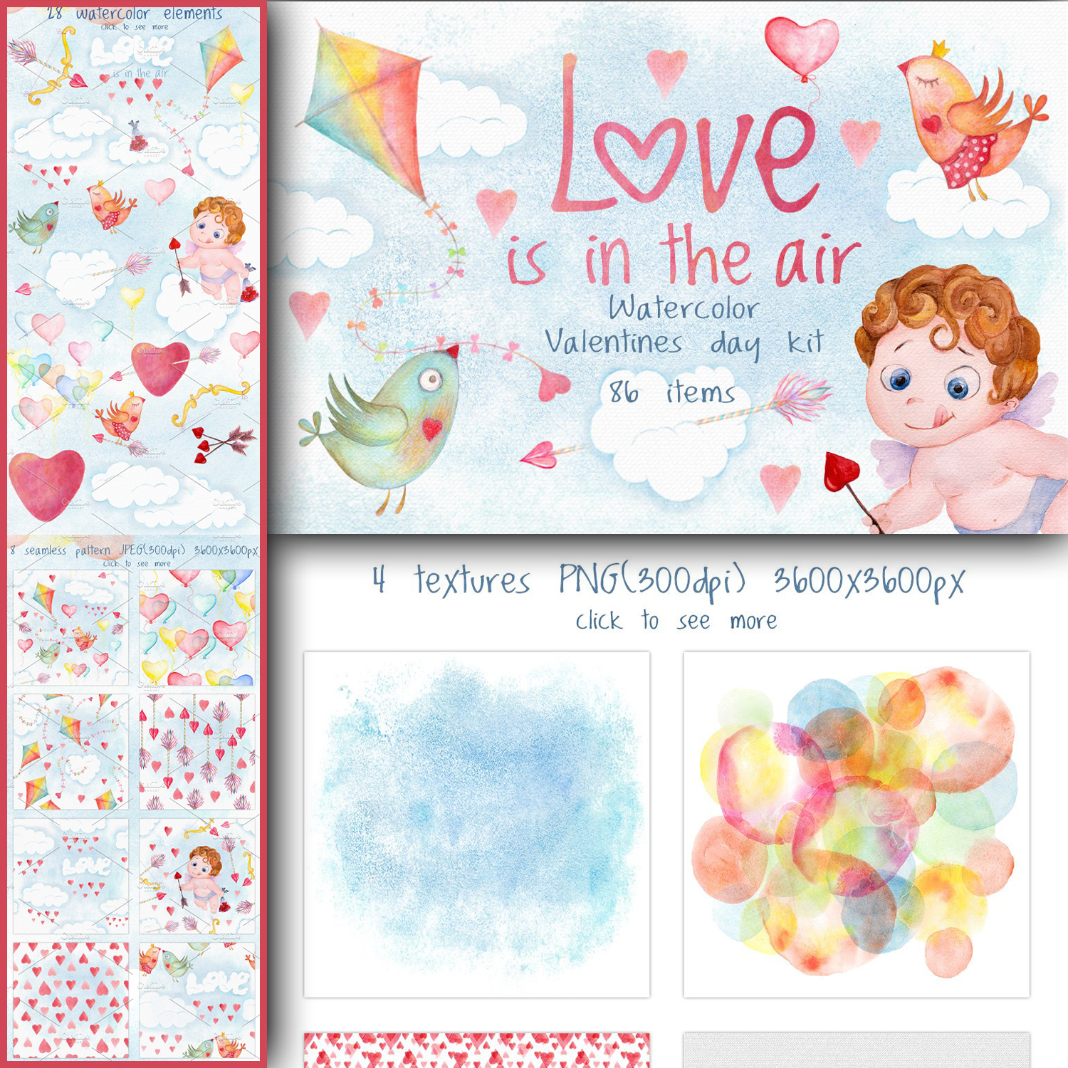 Images with valentines day love watercolor set.