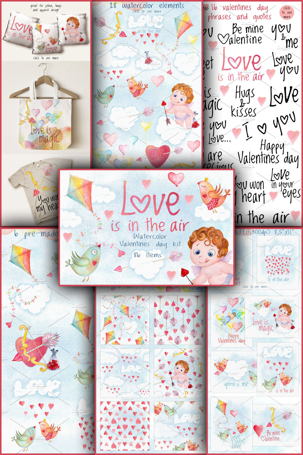 Valentines day love watercolor set of pinterest.