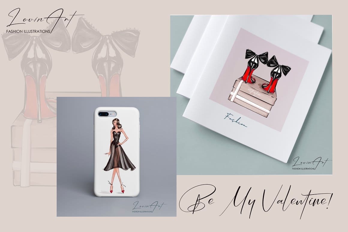 Gifts for your beloved on Valentine's Day: a white silicone case with a girl in a black transparent dress, postcards with Louboutins.