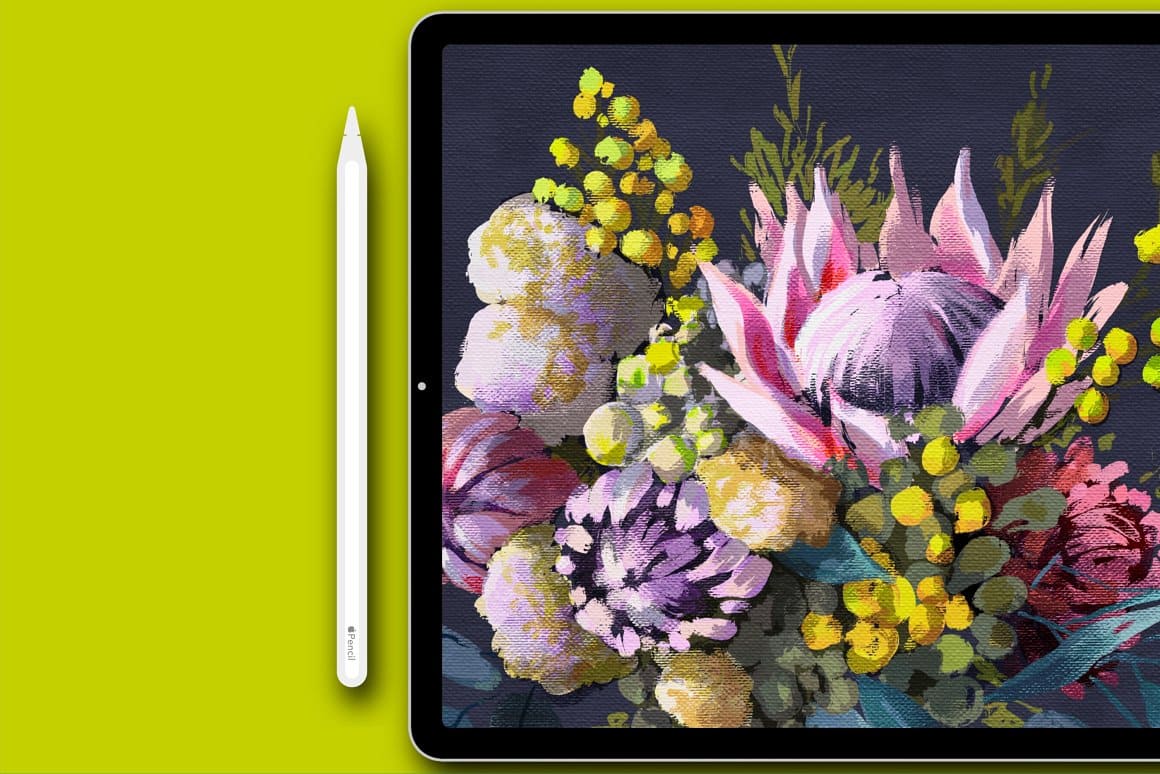 A tablet with a special pencil and a composition of a bouquet of flowers with an oil painting on the screen.