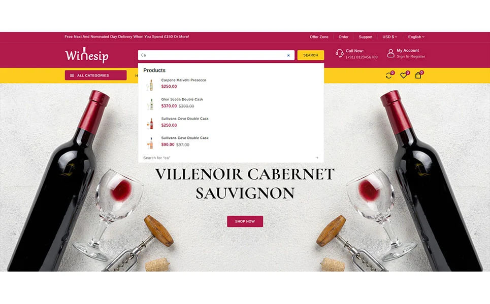 Efficient wine search on the Winesip website.