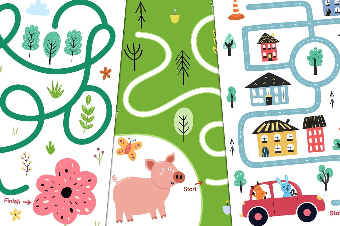 Twisted labyrinths are drawn on cards and decorated with a flower, a pig and a car.