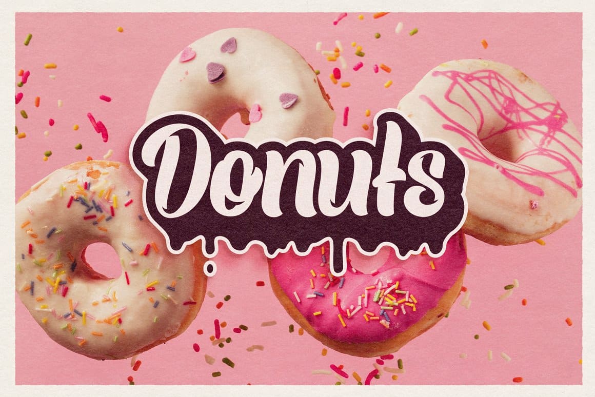 The word Donuts is written on the background of the donuts using a special font.