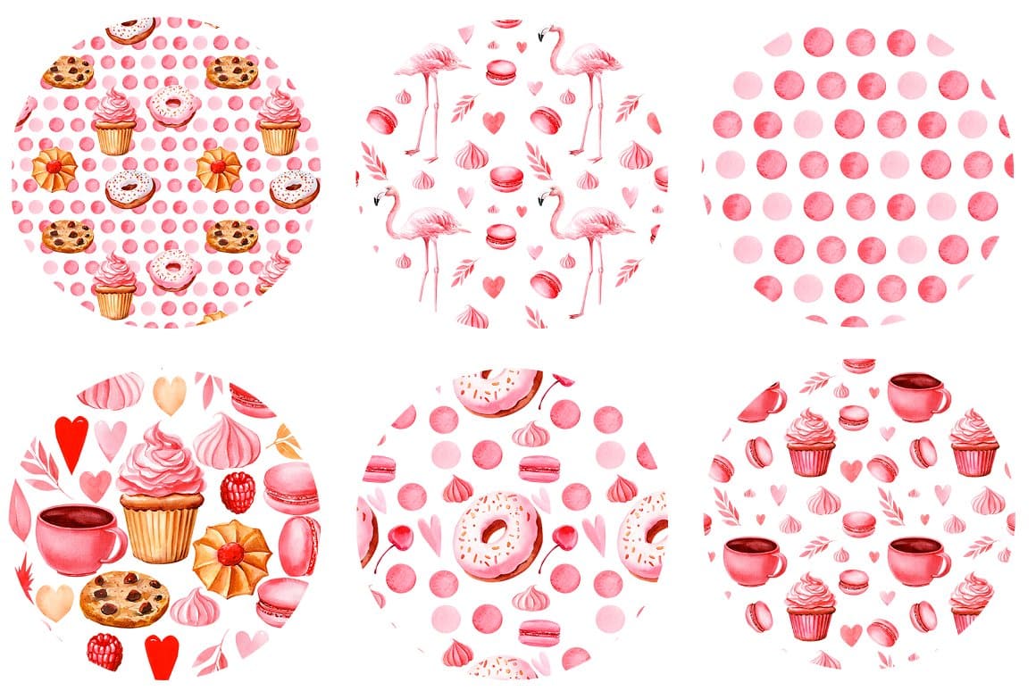 Six patterns with pink marshmallows, donuts, cookies, raspberries and more.