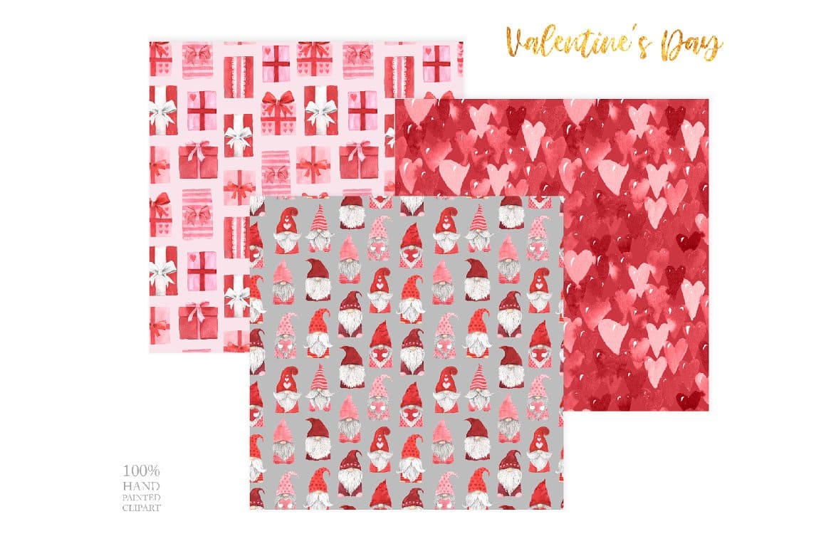 Three patterns with the image of gifts, gnomes, hearts for Valentine's Day.