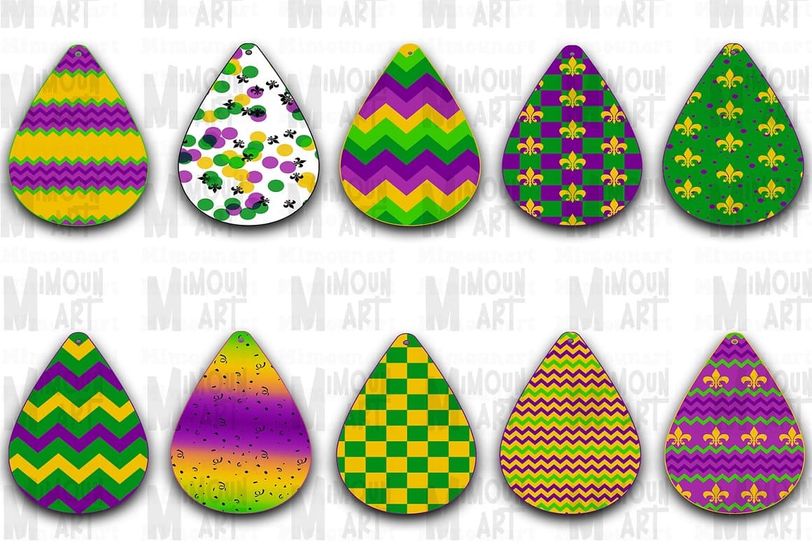 Earrings with patterns of zigzags, dots and decorative elements in yellow, purple and green colors.