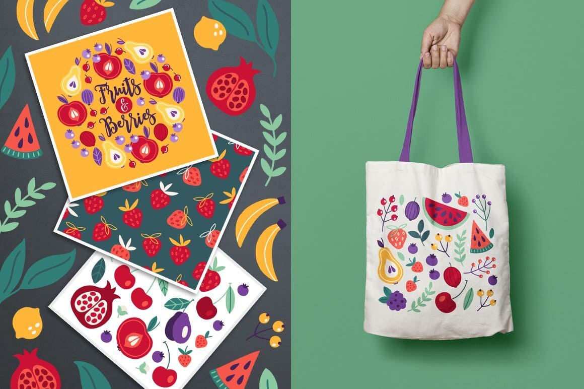 A fruit and berry design is painted on a white fabric bag.