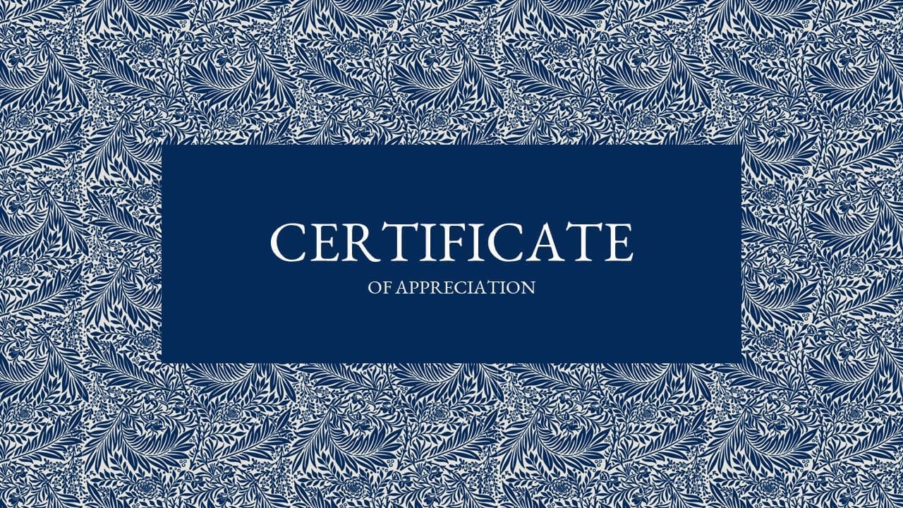 Blue Certificate of Appreciation with blue fern leaves.