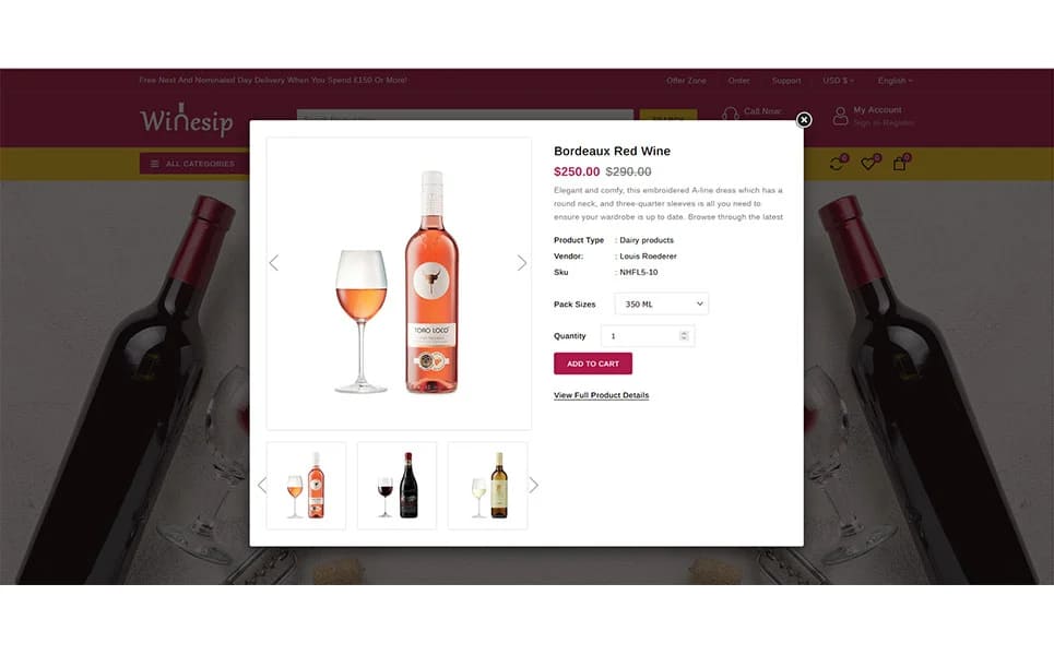 Product card of Bordeaux Red Wine on the Winesip website.