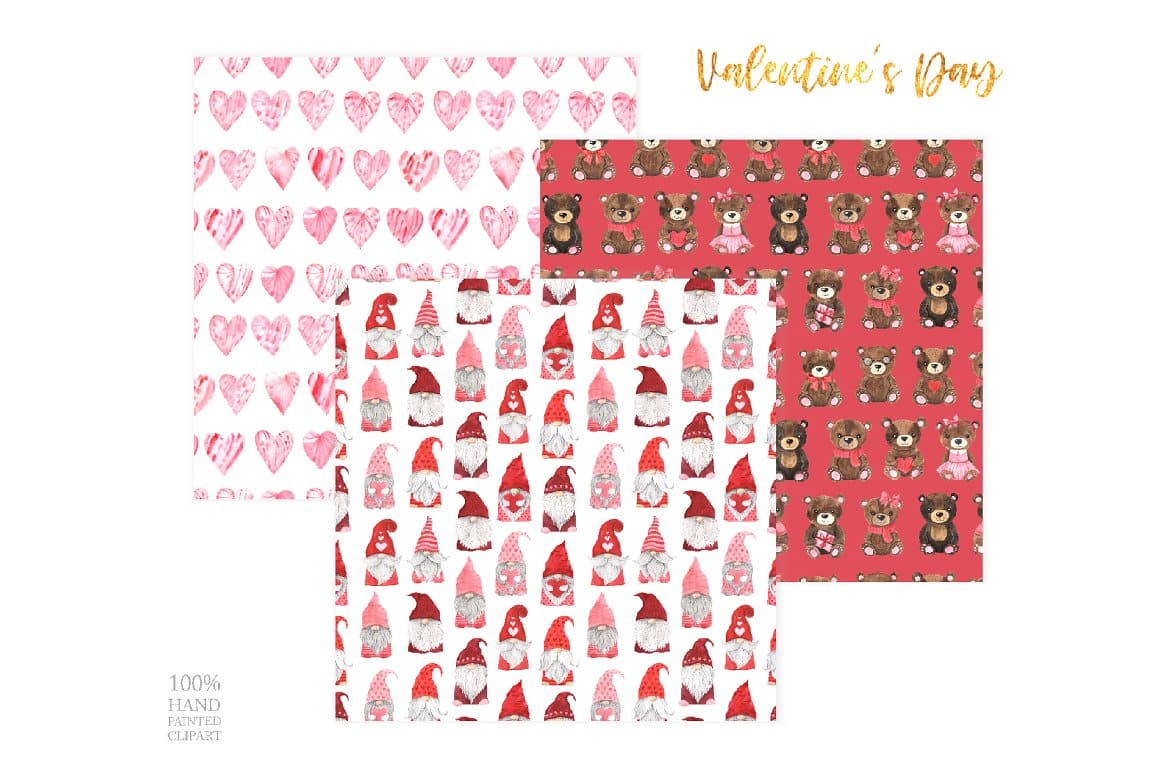 Three patterns with the image of bears, gnomes, hearts for Valentine's Day.