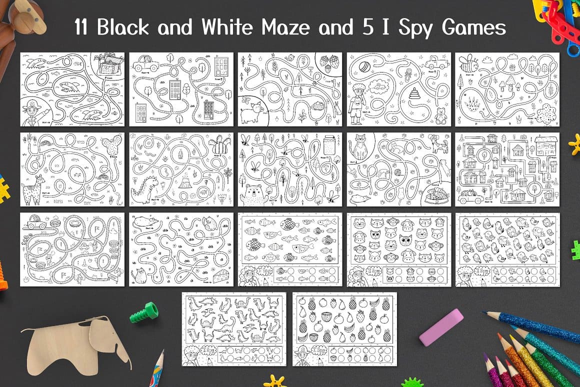 11 black and white maze and 5 I spy games.