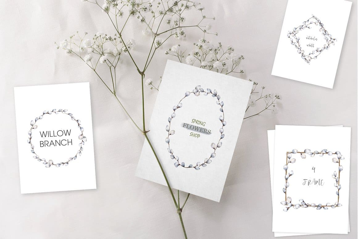 A minimalist floral frame design is drawn on white cards.