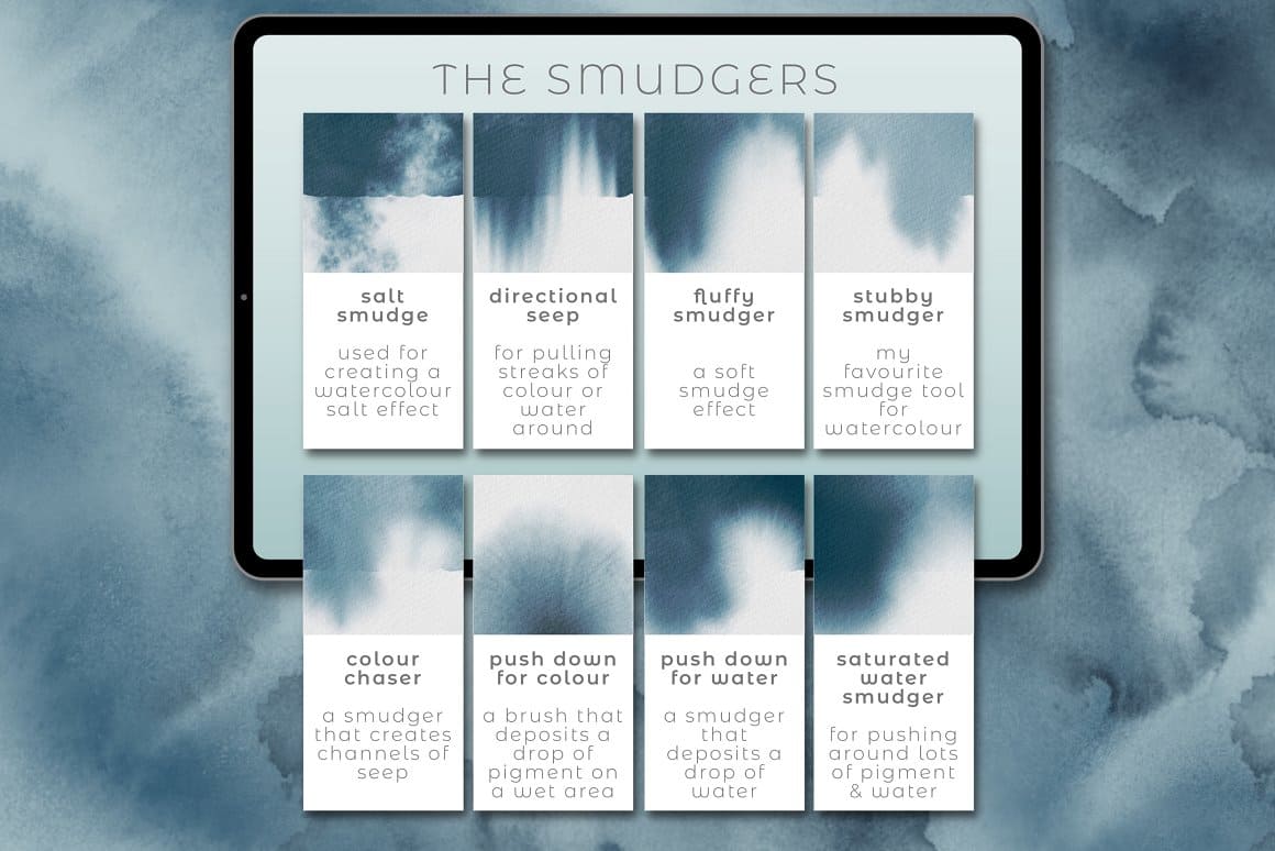 The smudgers: solt smudge, directional seep, stubby smudger, colour chaser and other.
