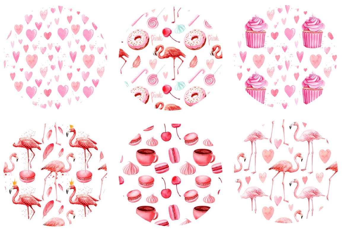 Six patterns with pink watercolor hearts, feathers, sweets.