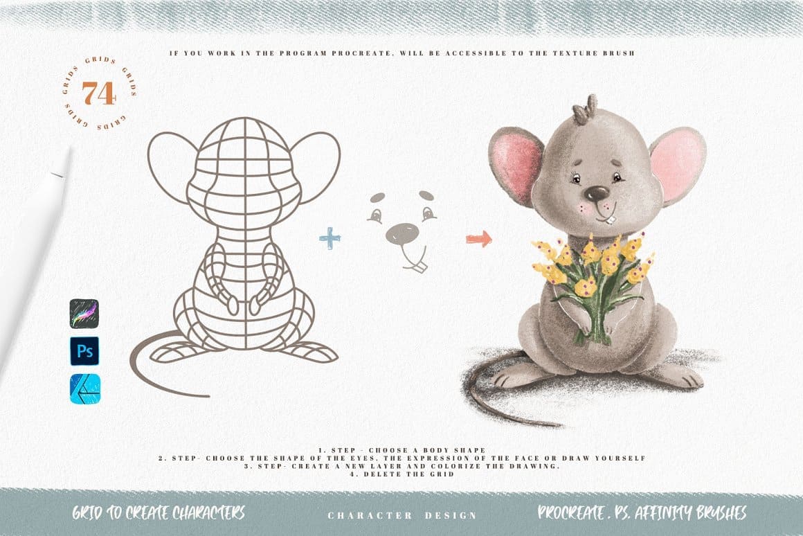 Creation of the character of a mouse with a tail holding a bouquet of flowers in its paws.