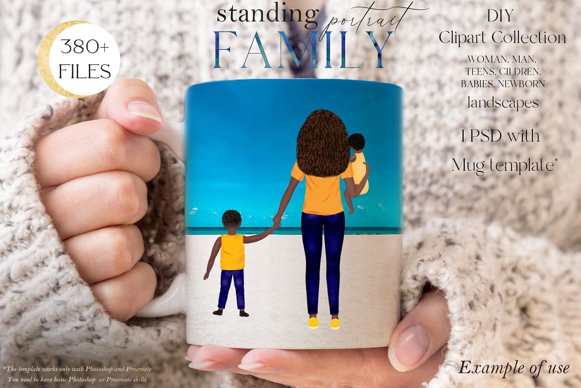 The beach on which the family is walking is drawn on the cup.