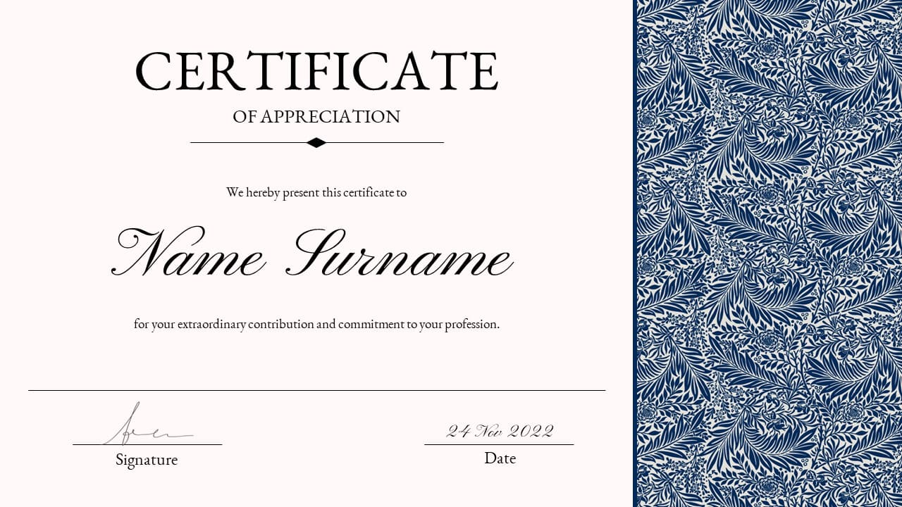White certificate of appreciation with blue fern leaves.
