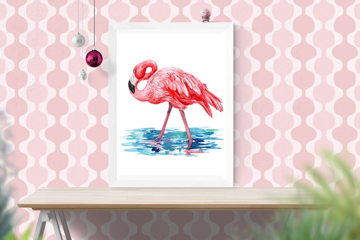A watercolor drawing of a flamingo walking in water is drawn on a white sheet of paper.