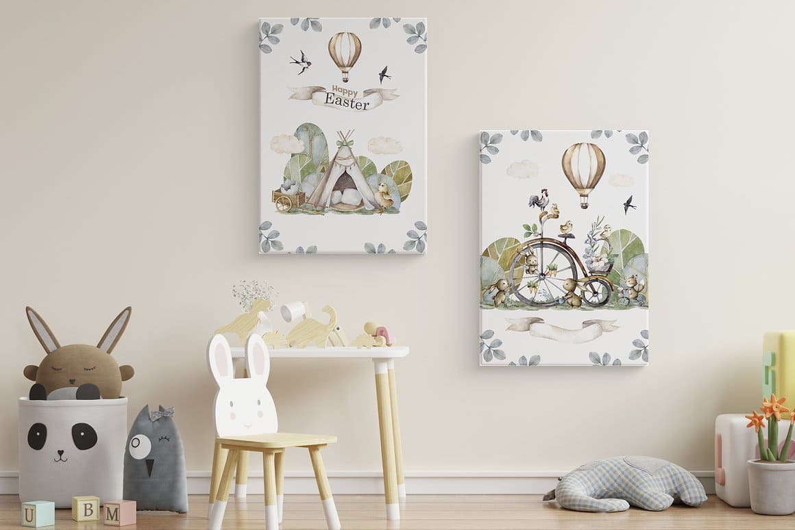 Two pictures for a children's room with Easter pictures.