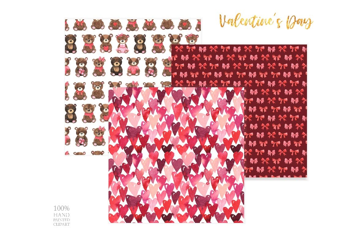 Three patterns with the image of bears, bows, hearts for Valentine's Day on white and red backgrounds.