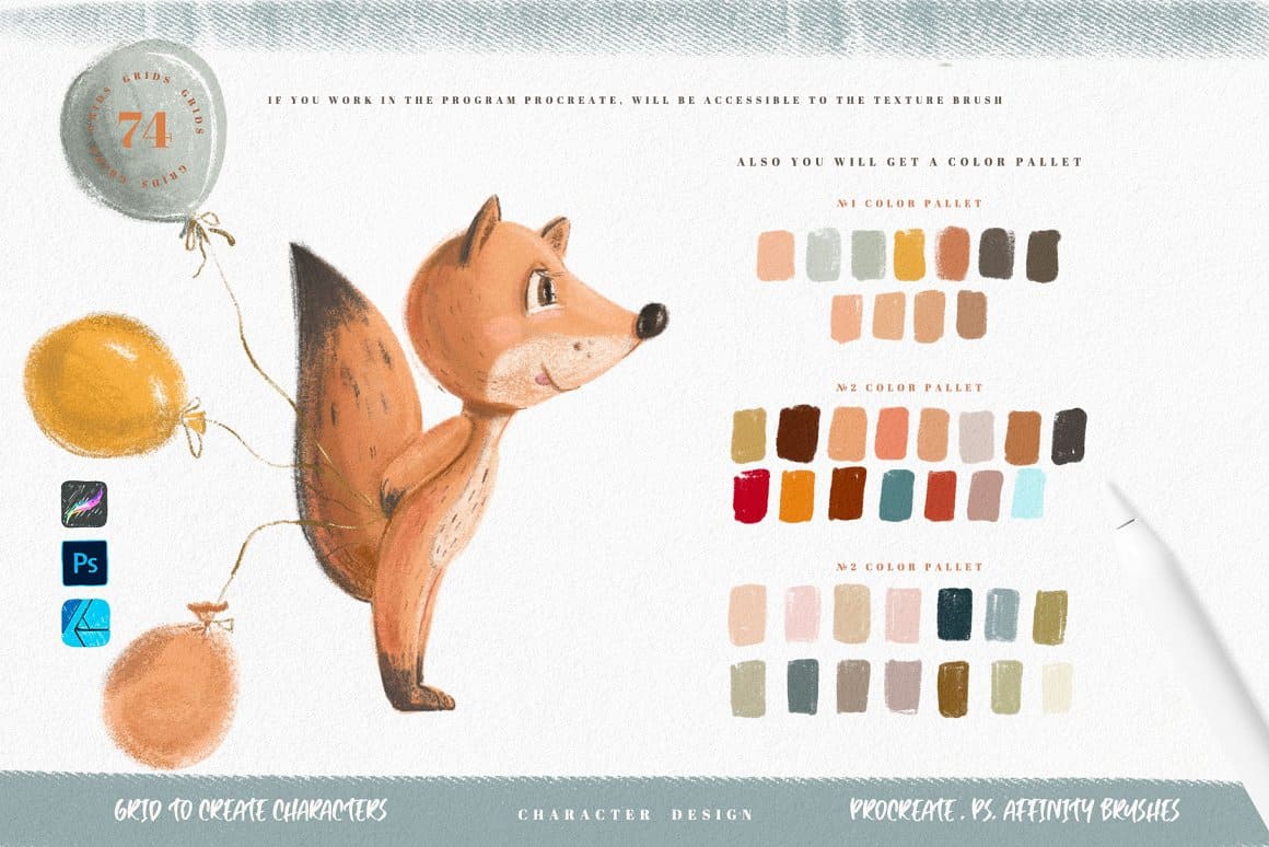 Color scheme of creating the character of a fox holding three balloons.