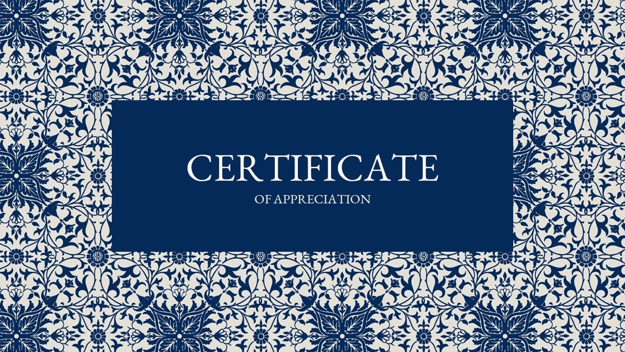 Blue Certificate of appreciation with a blue design.