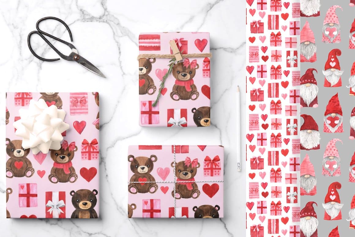 Gift wrapping paper with hearts, bears and gifts.