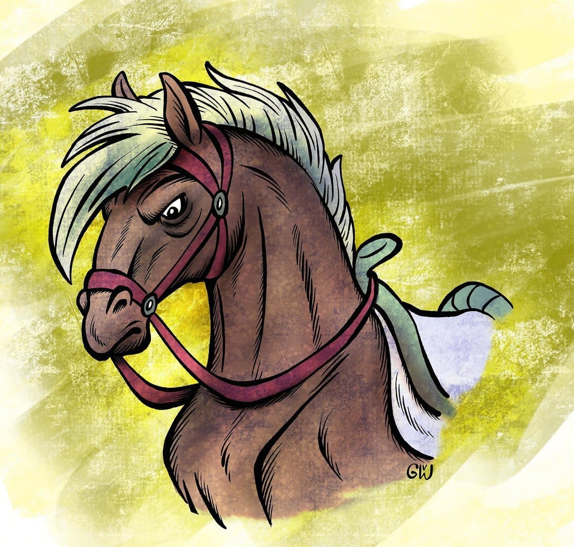An angry horse is painted with paints on a green background.