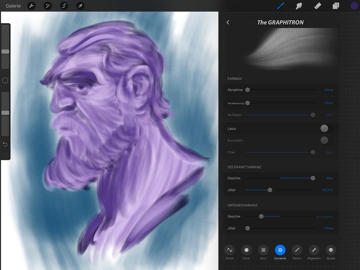 An image of a serious man drawn with purple graphite.