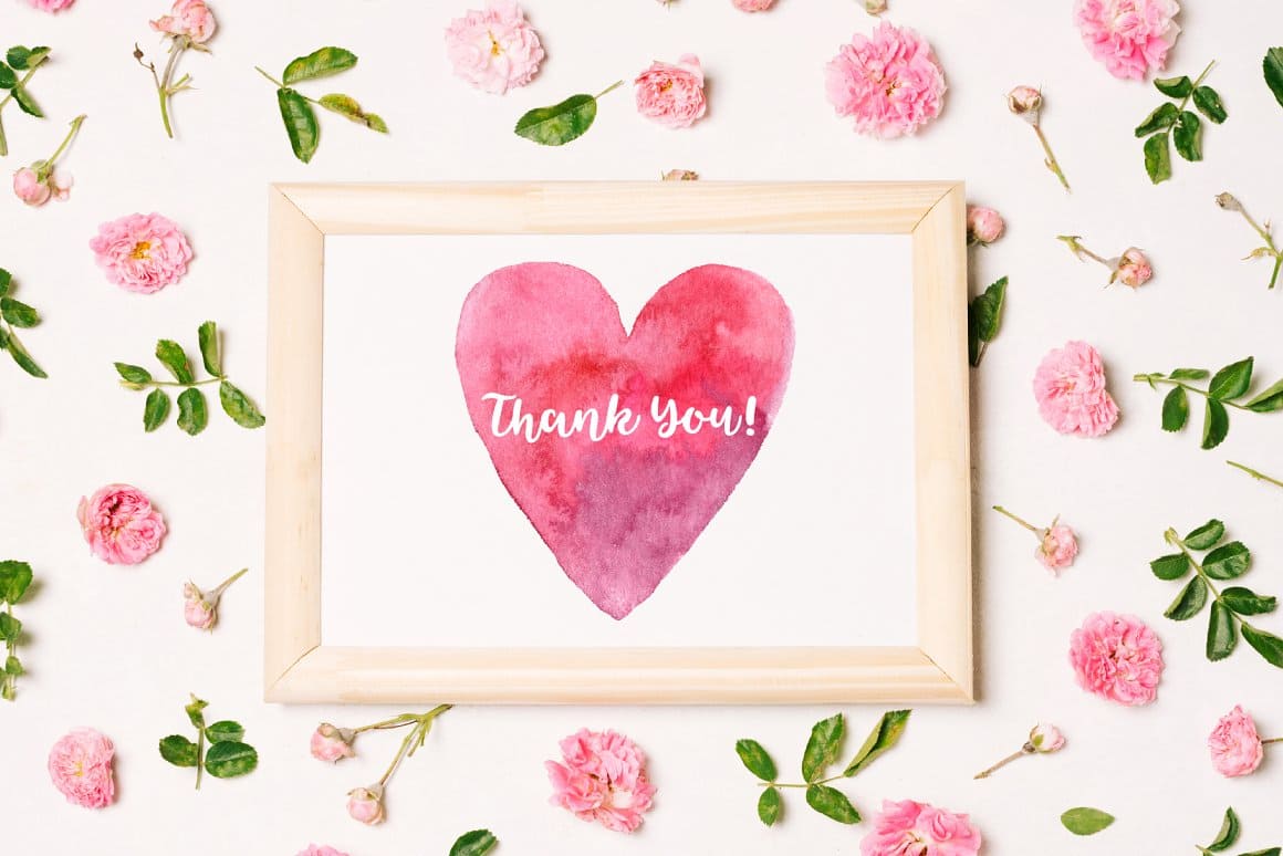 Painting with a watercolor heart and the word "Thank you".