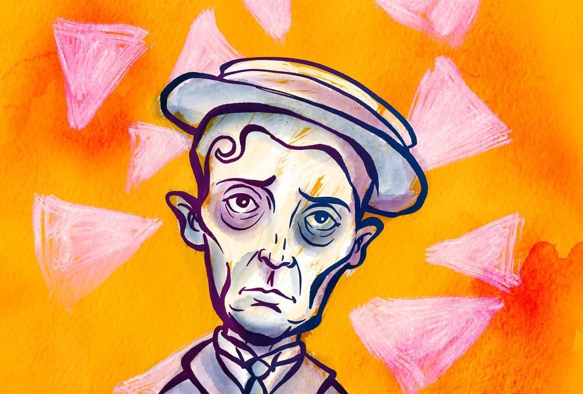A man in a hat is drawn on a yellow-orange background.