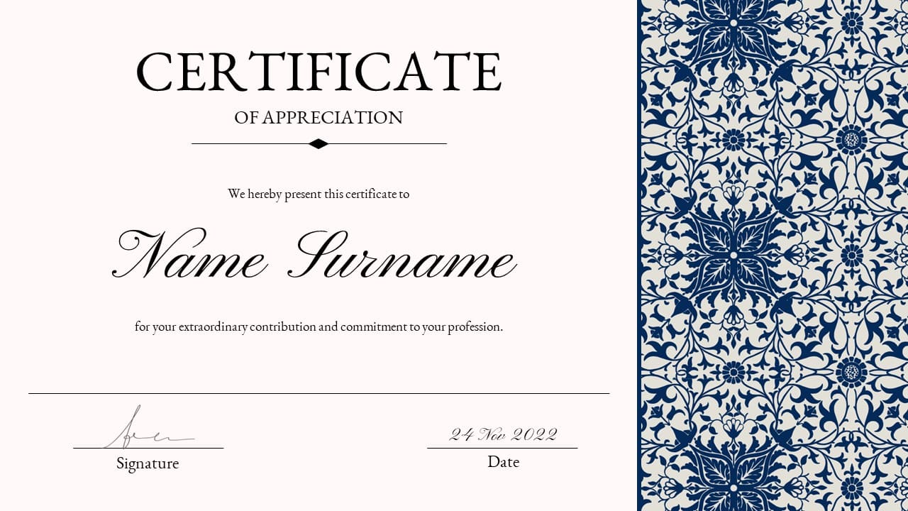 White Certificate of Appreciation with blue flower pattern.
