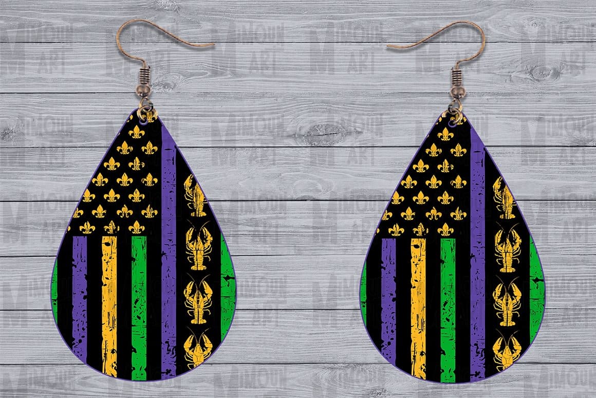 Purple, yellow and green stripes are drawn on the black earrings.