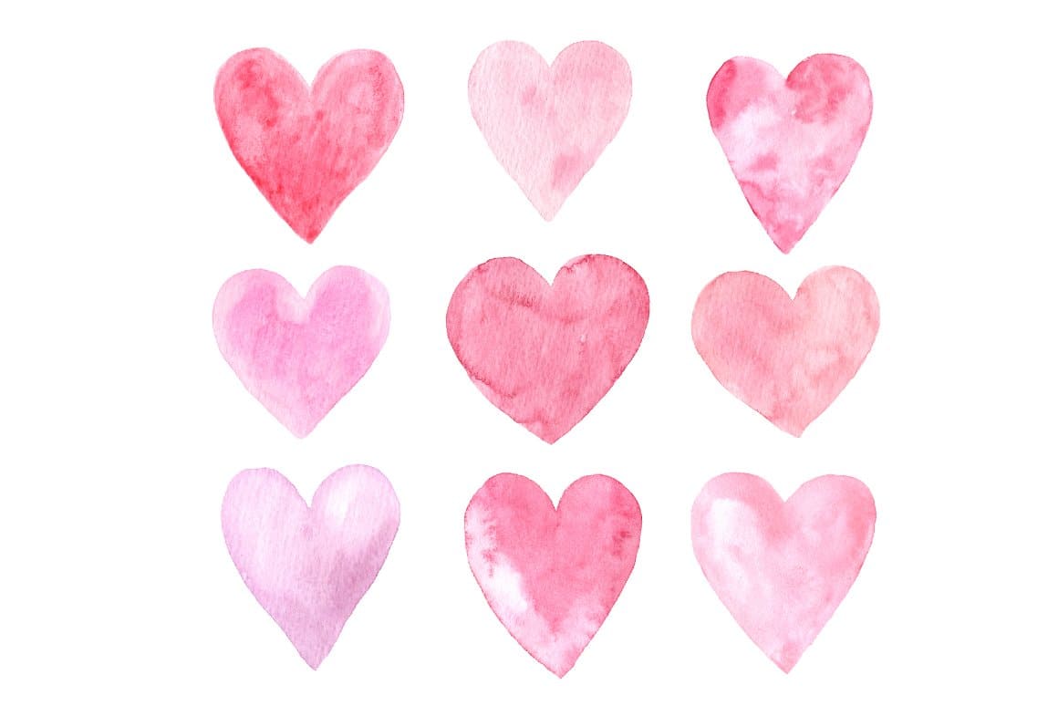 Six watercolor hearts on a white background.