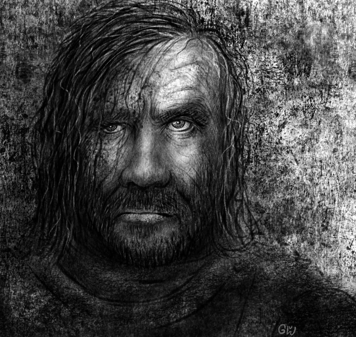 An image of a tormented man with a lively look drawn with pencils.