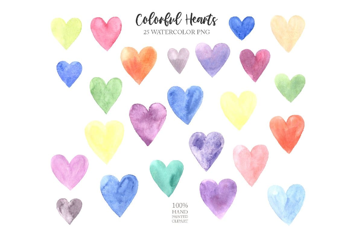 Many colored watercolor hearts on a white background.