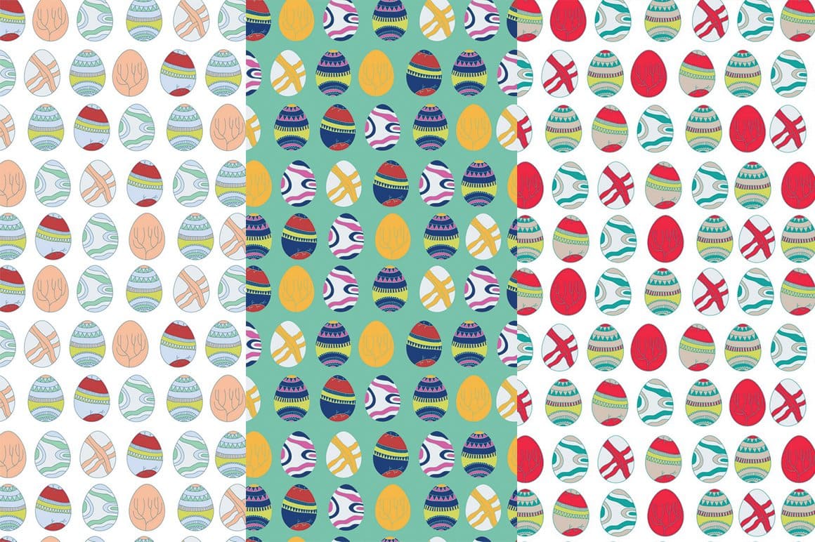 Eggs with patterns are painted on a white and light blue background.