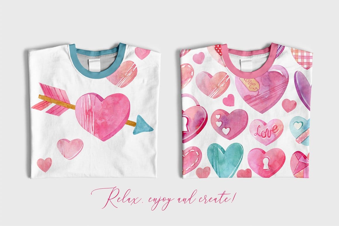 Men's and women's t-shirts with a watercolor heart print.