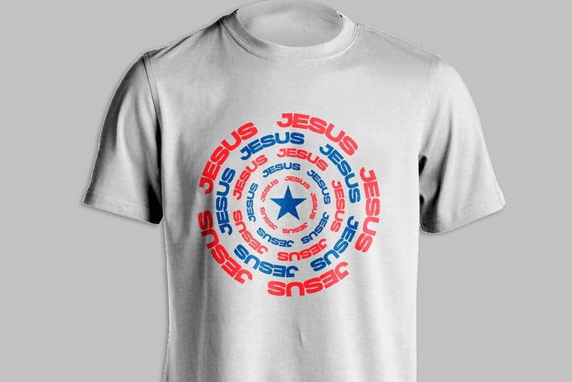 On a white men's t-shirt, the word Jesus is written in a circle, with a star in the center of the circle.