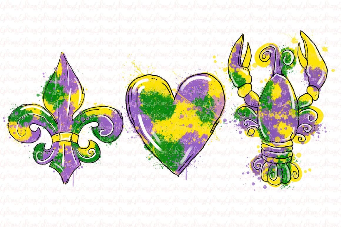 Yellow, green and purple annual crayfish, heart and figure on a white background.