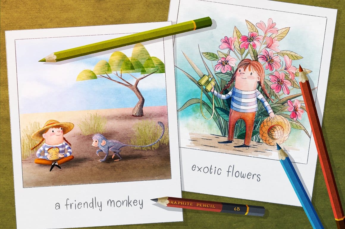 Pictures with a friendly monkey and exotic flowers.