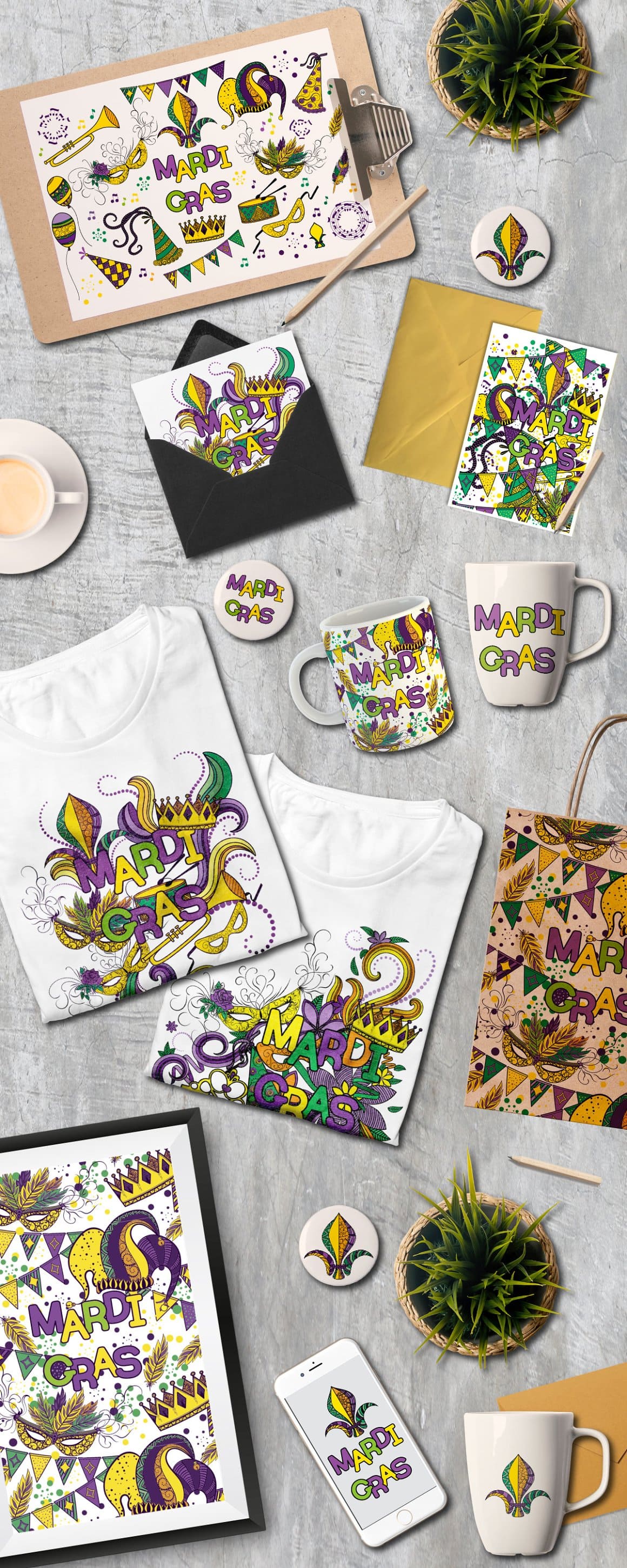 Crowns, carnival masks and other symbols of Mardi Gras are painted on white T-shirts.