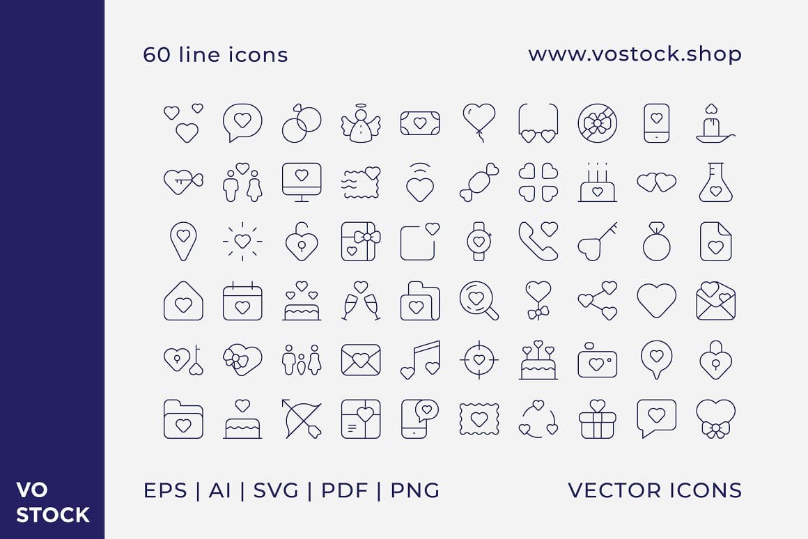 60 line icons with the image of hearts.